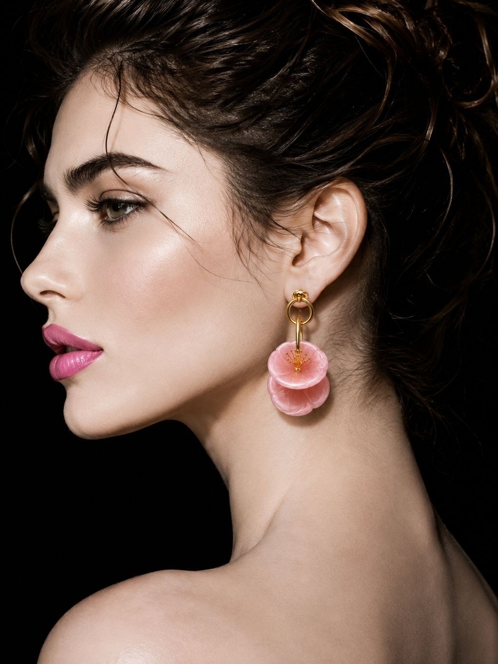 Gold Hoop Pink Flower Drop Earrings